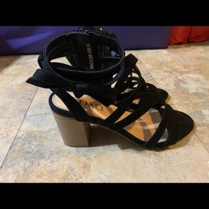 Black suede scrappy heel sandals